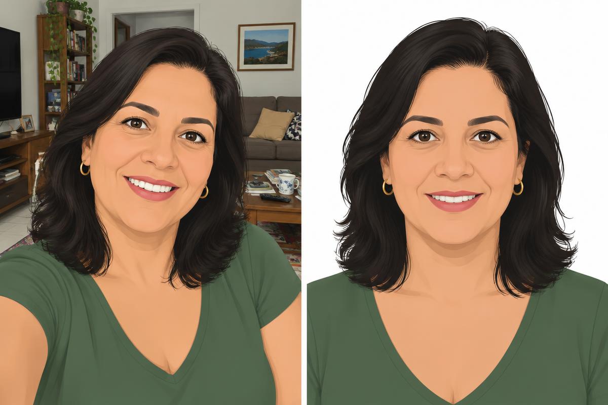 Exemplo ilustrado: selfie com fundo de sala e a mesma pessoa com fundo branco